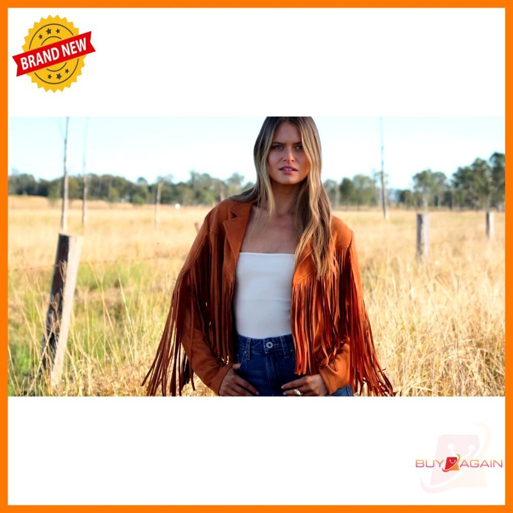 Faux Suede Cropped Motorcycle Jacket with Fringe Tassel Design - Picture 7 of 7